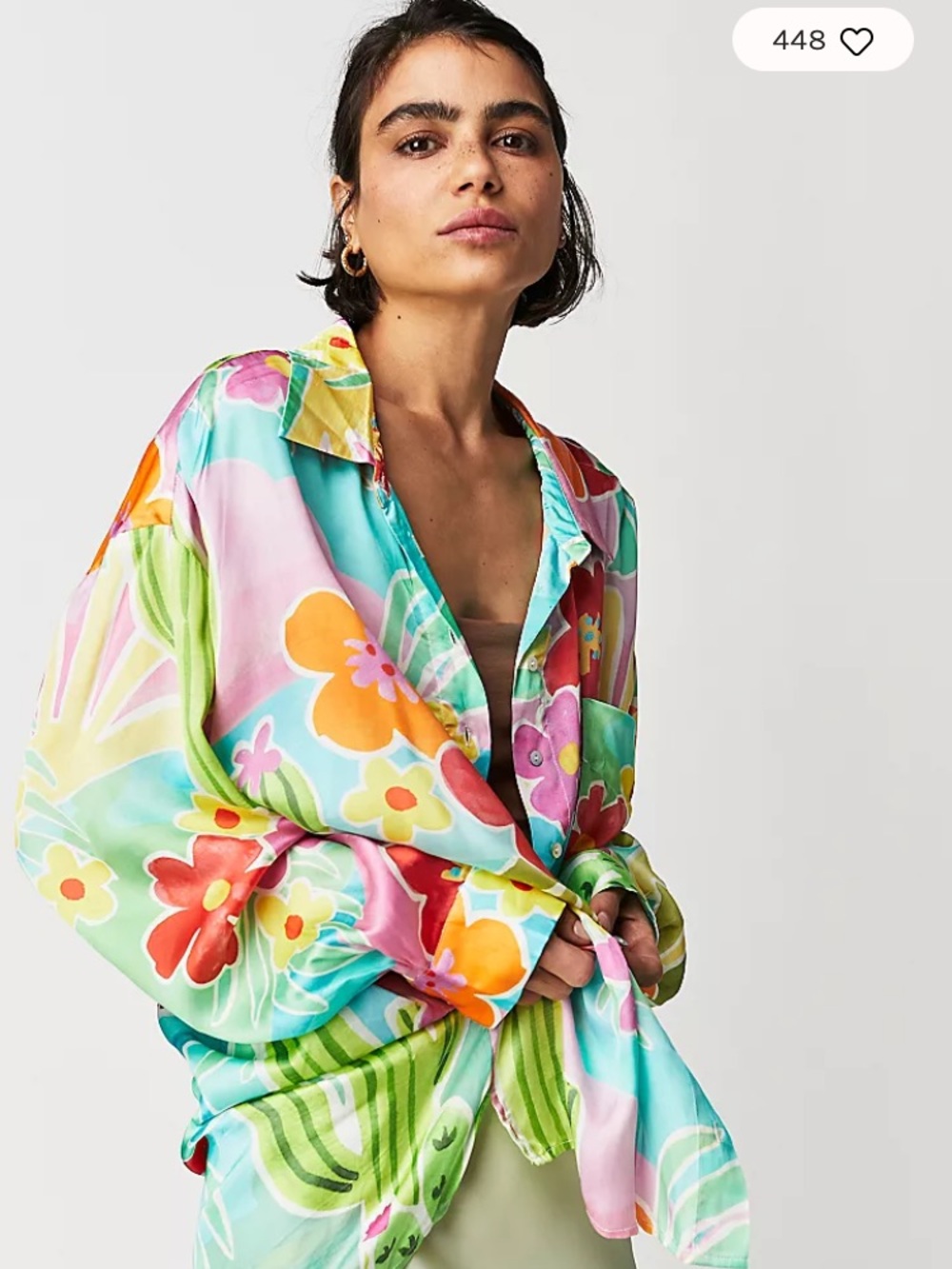 Spell Multicolor Floral Satin Tunic - Pink, Green, Yellow, Orange, Blue